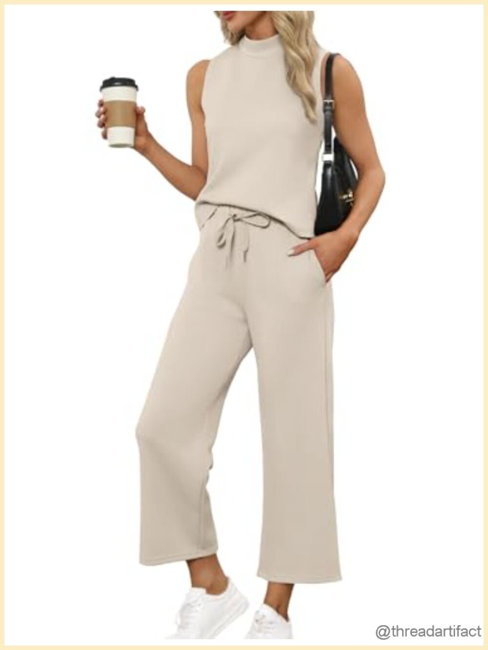 Two Piece Lounge Set Mock Neck Top Wide Leg Crop Pants Vacation Outfit